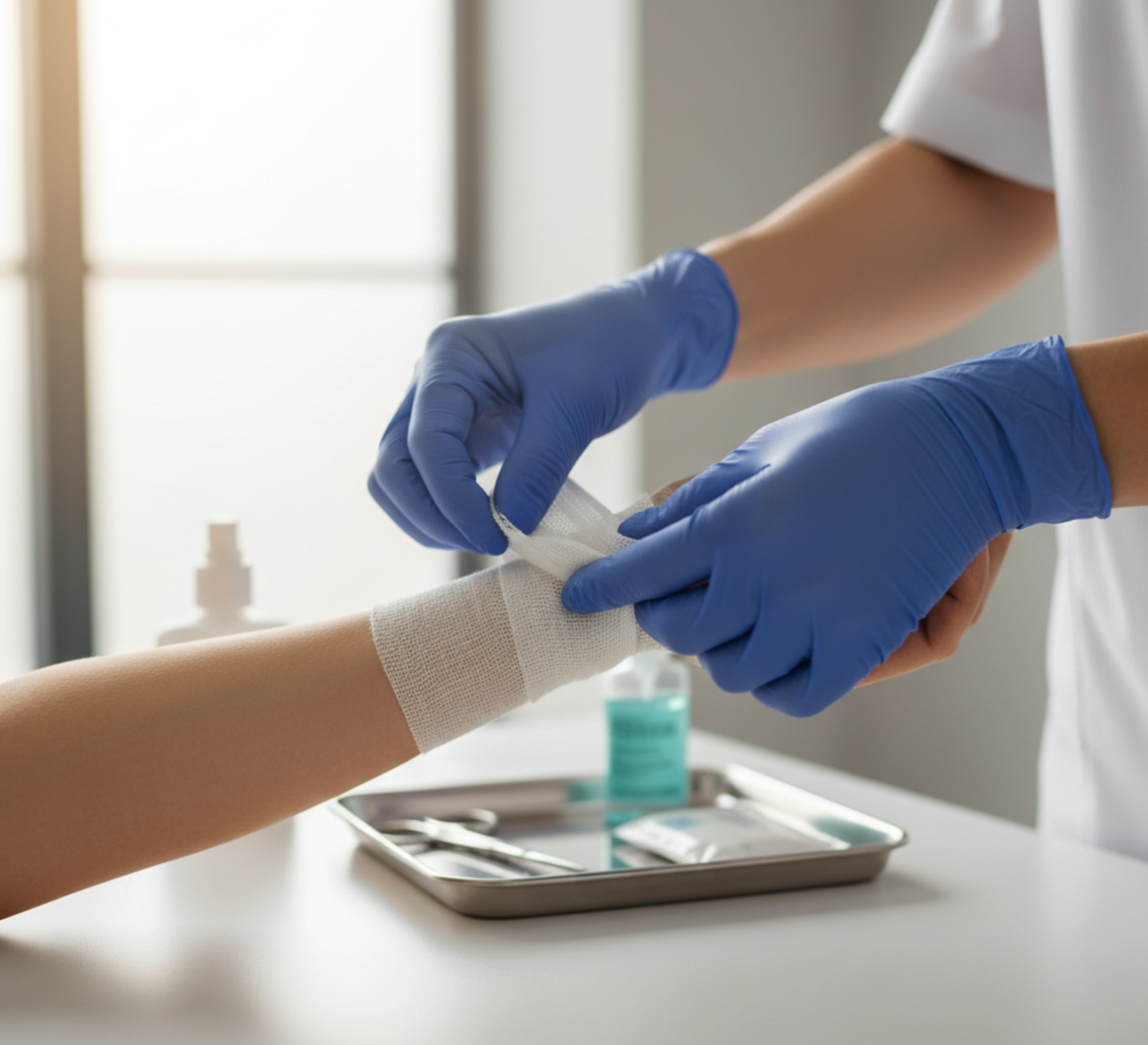 Healthcare professional bandaging arm minor injury treatment