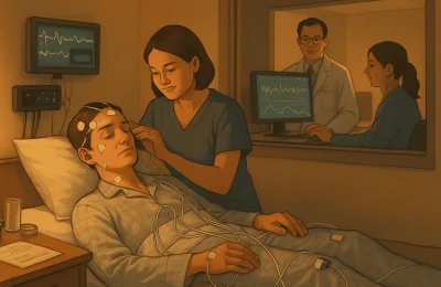 Sleep study room, patient, and technologist.